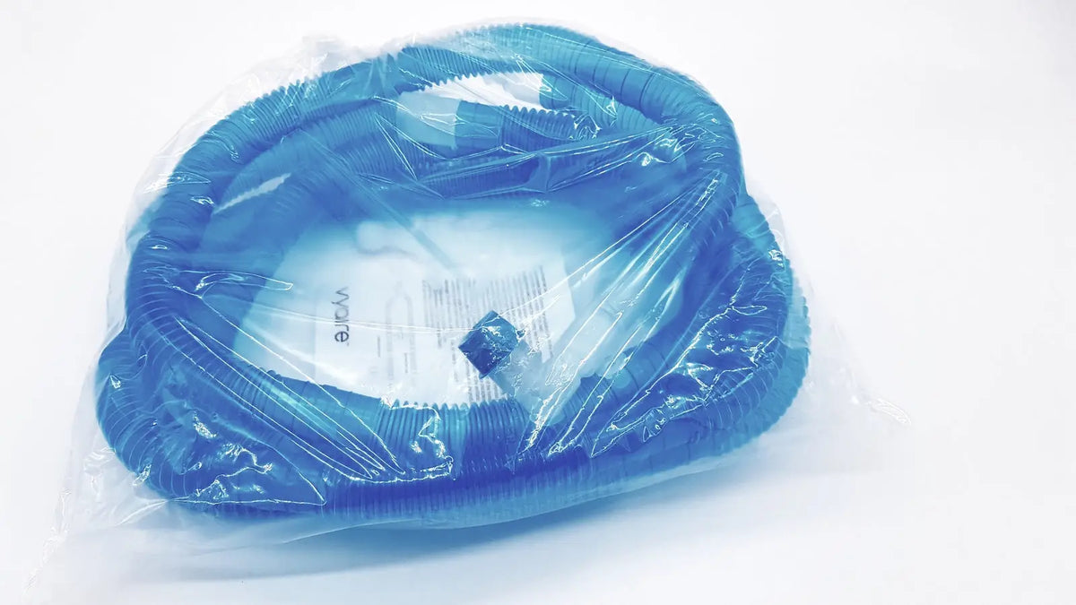 Blue corrugated plastic pool vacuum hose in clear packaging for vyaire 0y1778 airlife ventilator circuit use