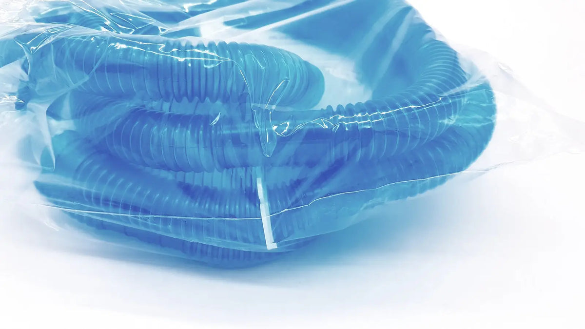 Blue corrugated plastic pool cleaning hose in clear packaging for vyaire 0y1778 airlife ventilator circuit use