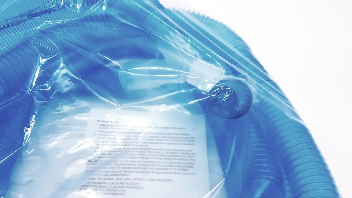 Blue inflatable pool cleaner hose wrapped in clear plastic packaging for vyaire 0y1778 airlife ventilator circuit