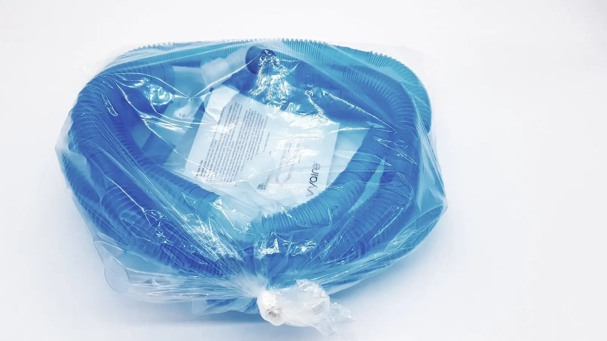 Blue plastic pool skimmer hose wrapped in clear packaging for vyaire 0y1778 airlife ventilator circuit use