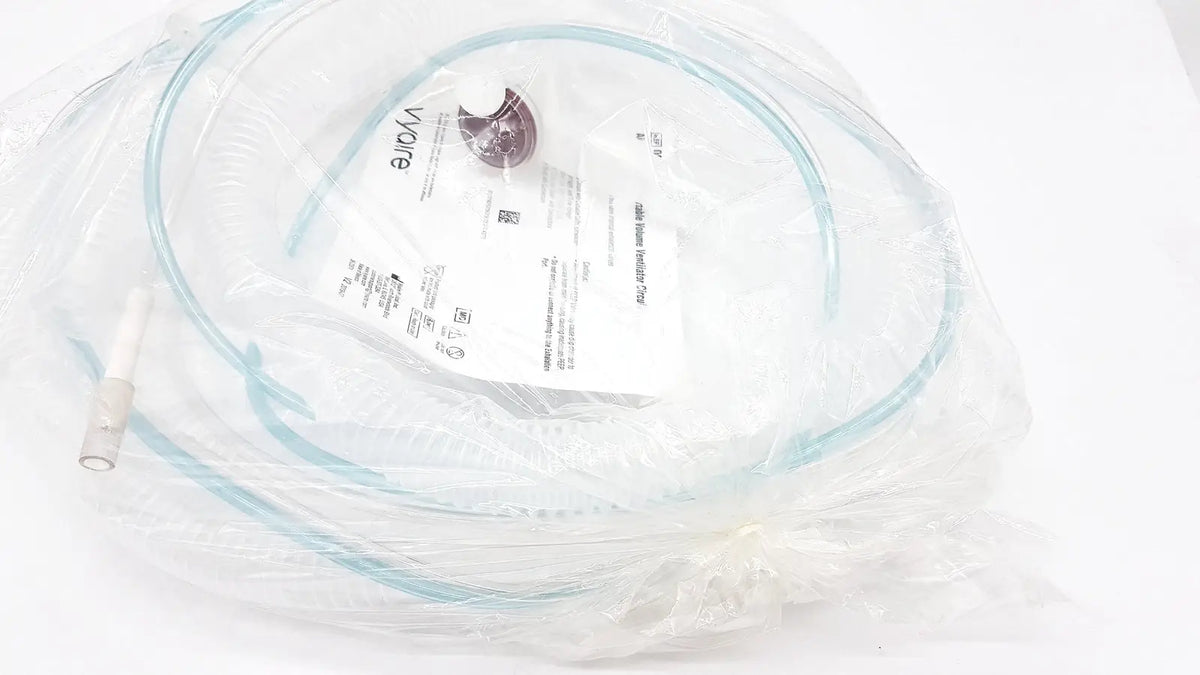 Clear plastic oxygen mask with transparent tubing and white connector packaged for vyaire airlife volume ventilator circuit