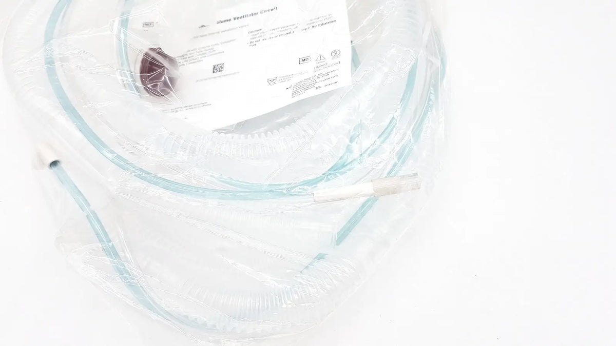 Vyaire airlife volume ventilator circuit with clear plastic tubing and white connectors packaged in transparent wrapping