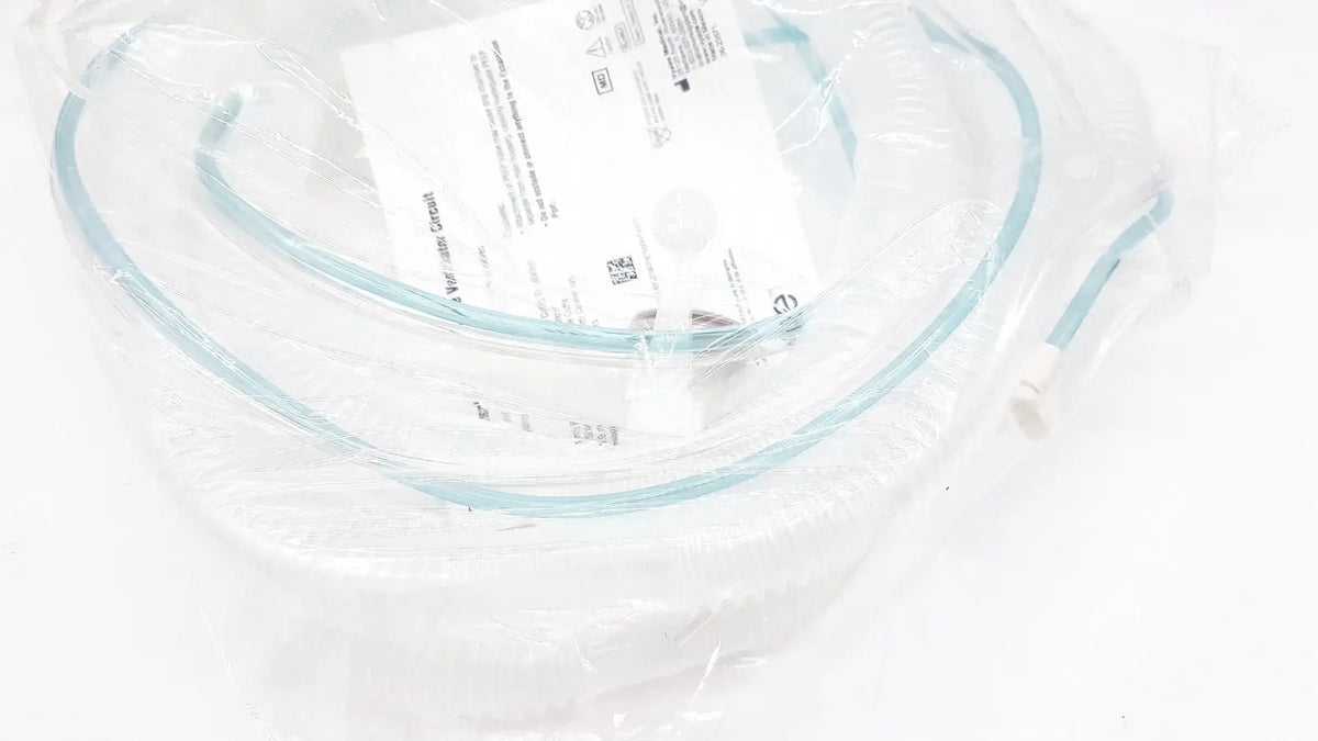 Clear plastic-wrapped medical tubing with light blue tint and white connectors for vyaire airlife volume ventilator circuit
