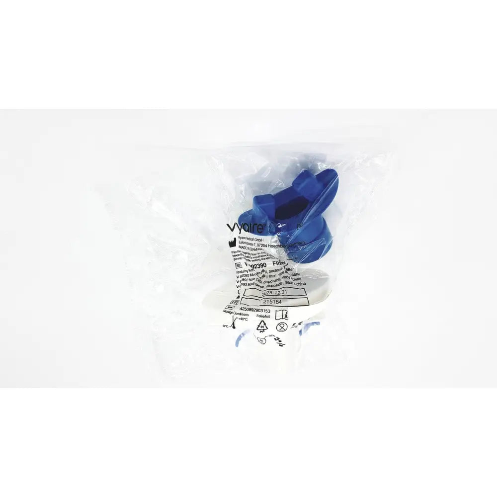 Blue plastic medical filter in clear packaging by vyaire medical gmbh designed for reuse medical applications