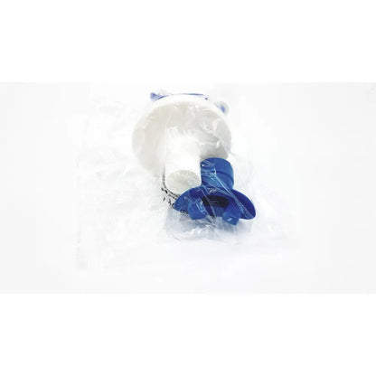 White and blue plastic cylindrical pool filter cleaner with flared base by Vyaire Medical GmbH for reuse medical use