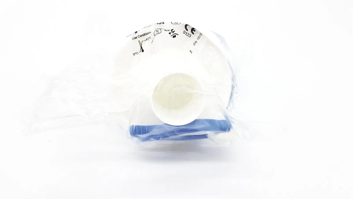 White plastic medical device with blue accents in clear packaging by vyaire medical gmbh for reuse medical use