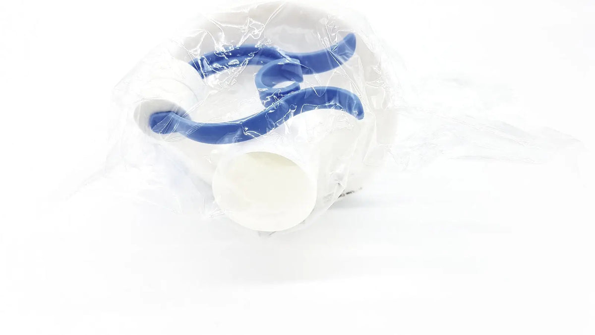 White plastic water pipe with blue fittings wrapped in clear plastic packaging by vyaire medical gmbh reuse medical