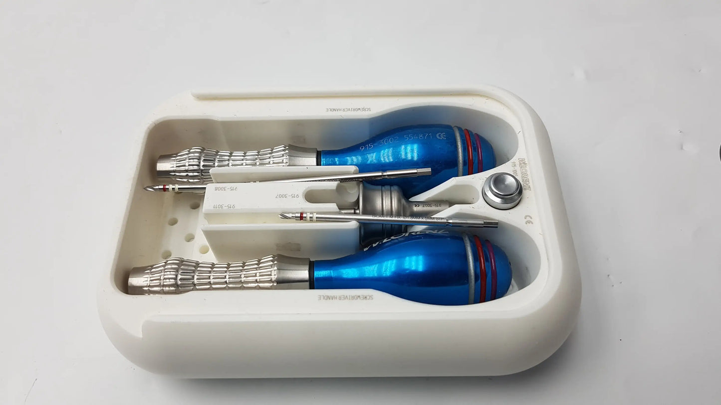 Blue and silver lorenz surgical endobrow lift kit instruments arranged in a white plastic fixation system case