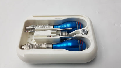 Blue and silver lorenz surgical endobrow lift kit instruments arranged in a white plastic fixation system case