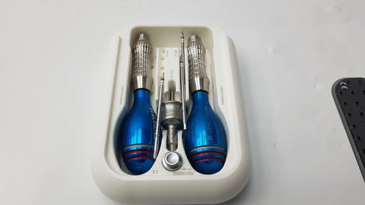 Blue dental handpiece set with silver textured handles and red rings for lorenz surgical endobrow lift kit fixation system