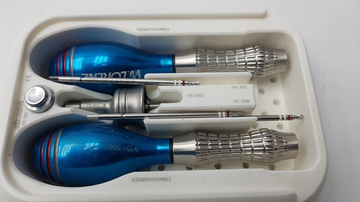 Blue and silver lorenz surgical endobrow lift kit screwdriver set with textured grips for precise fixation use
