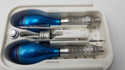Blue and silver lorenz surgical endobrow lift kit screwdriver set with textured grips for precise fixation use