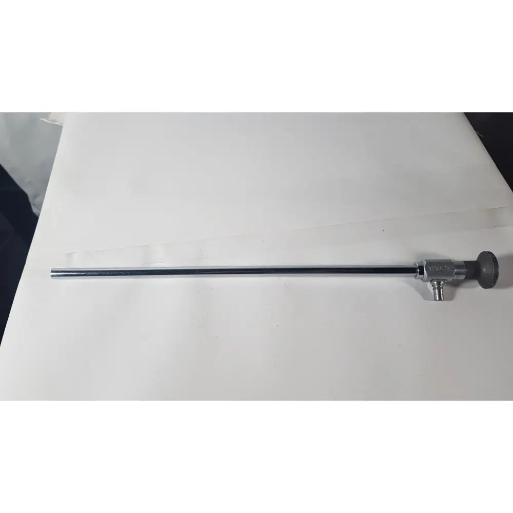 Silver-colored metallic Weck 110410 laparoscope 0 degree scope with cylindrical shaft and gray-handled control knob for reuse medical use
