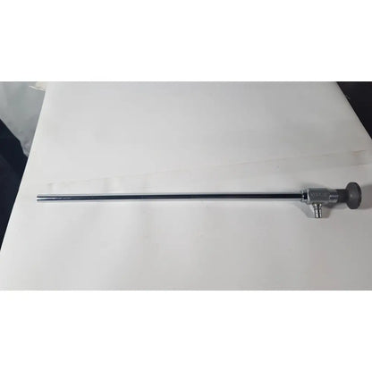 Silver-colored metallic Weck 110410 laparoscope 0 degree scope with cylindrical shaft and gray-handled control knob for reuse medical use