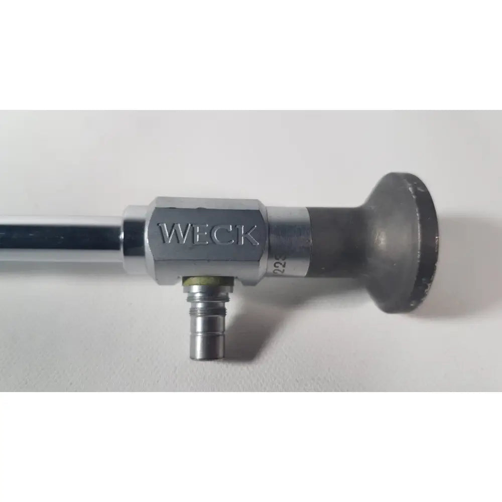 Silver metallic weck 110410 laparoscope 0 degree scope with hexagonal body and black rubberized grip for reuse medical use