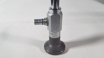 Silver and black industrial gas valve with tweck branding for reuse medical applications on weck 110410 degree scope