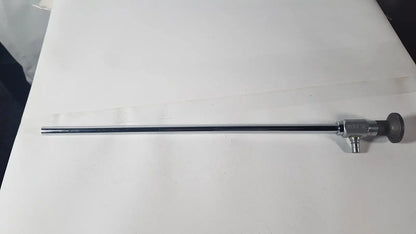Silver-colored metallic Weck 110410 laparoscope 0 degree scope with cylindrical shaft and gray-handled control knob for reuse medical use