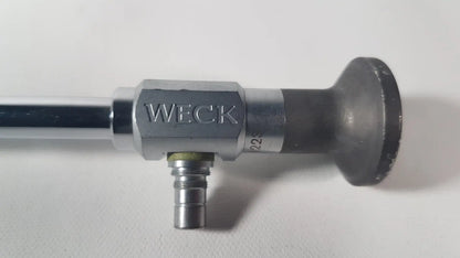 Silver metallic weck 110410 laparoscope 0 degree scope with hexagonal body and black rubberized grip for reuse medical use