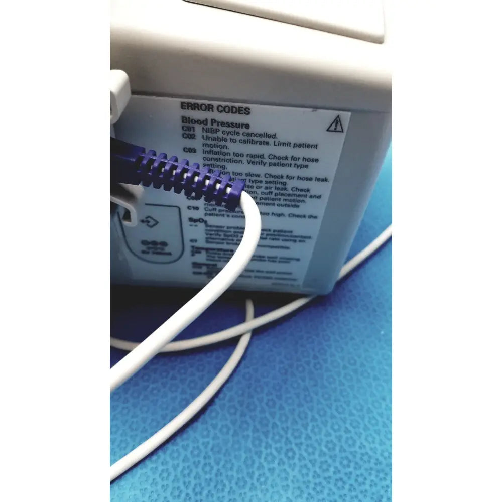 Blue plastic zippered cuff with white tubing attached for welch allyn 300 series vital signs monitor blood pressure use