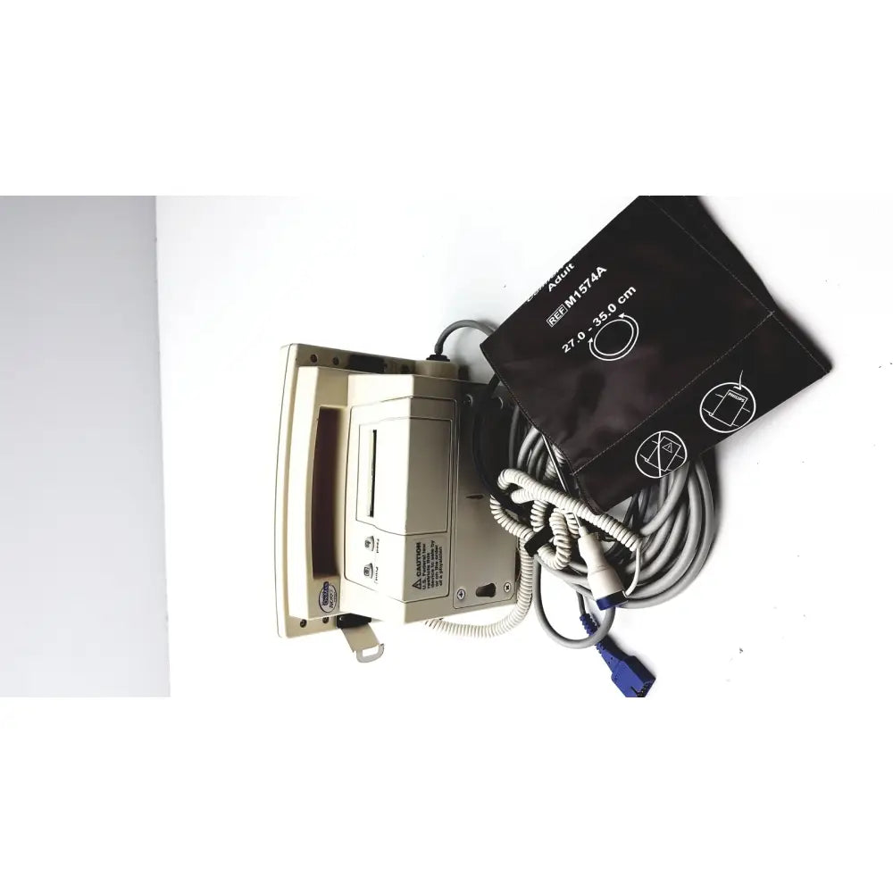 Beige welch allyn 52000 series vital signs monitor with coiled gray cables and black inflatable cuff for blood pressure measurement