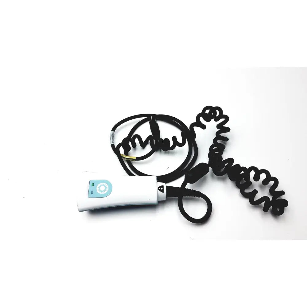 White rectangular welch allyn 6000-916hs barcode scanner with light blue circular button and black coiled cord