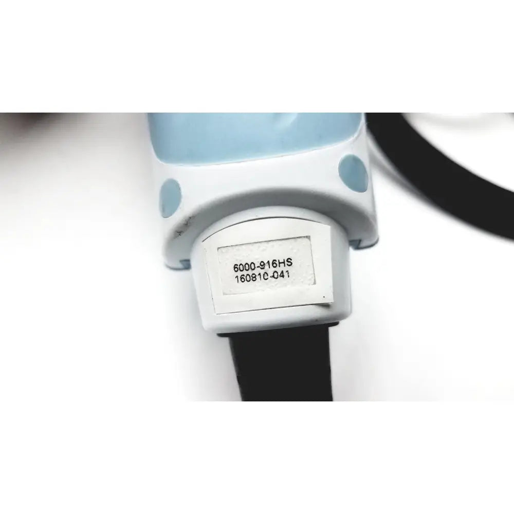 Welch Allyn 6000-916HS handheld barcode scanner in light blue and white with black strap for efficient scanning