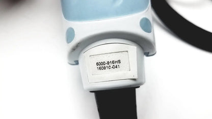 Welch Allyn 6000-916HS handheld barcode scanner in light blue and white with black strap for efficient scanning