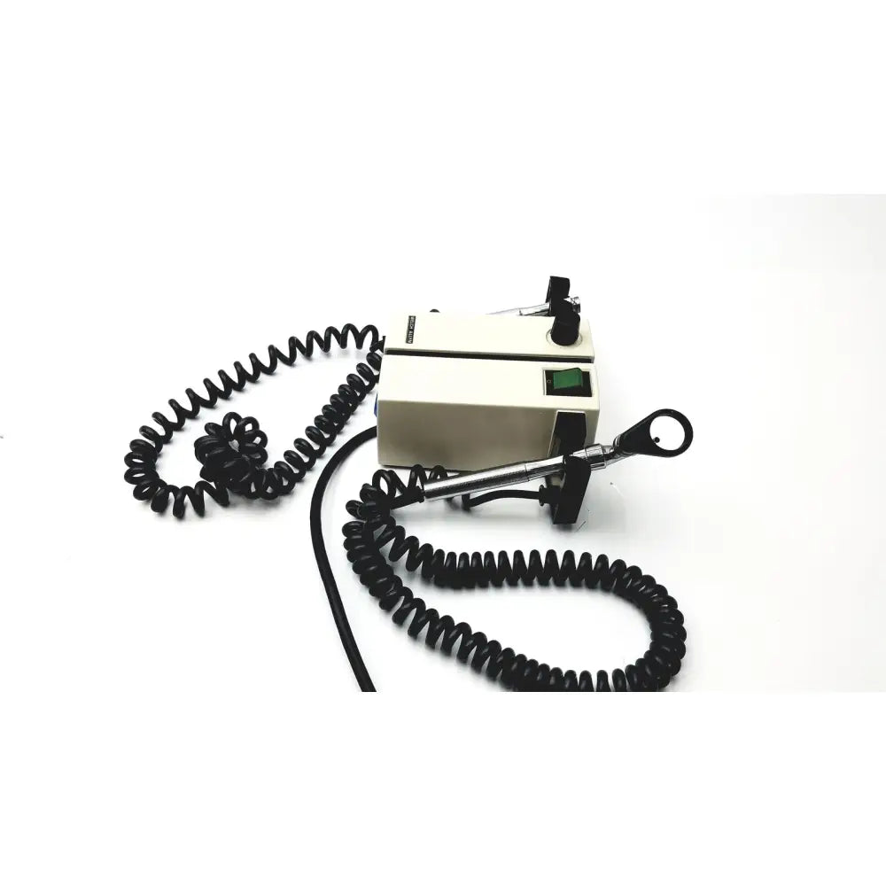 Beige welch allyn wall transformer ophthalmoscope with metallic handle and black coiled cord for medical use
