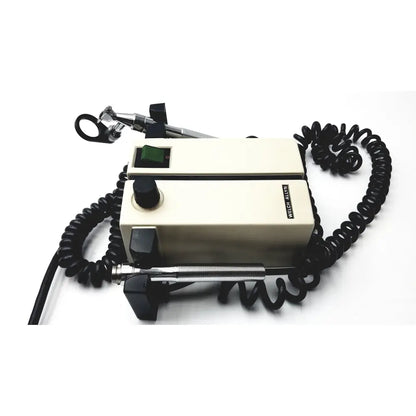 Cream-colored Welch Allyn 74710 wall transformer ophthalmoscope otoscope with black coiled cords and metallic attachments