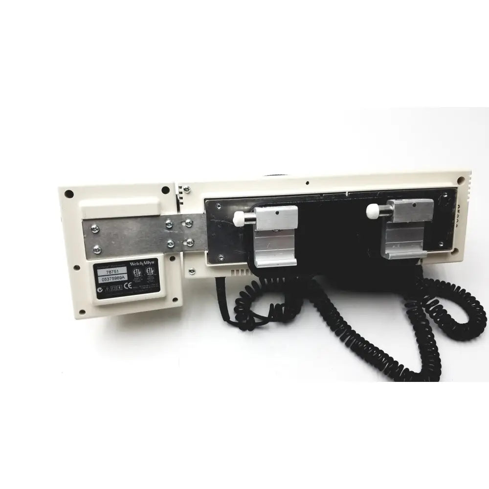 White plastic and metal welch allyn series transformer otoscope ophthalmoscope with black coiled cord labeled wickes-milv