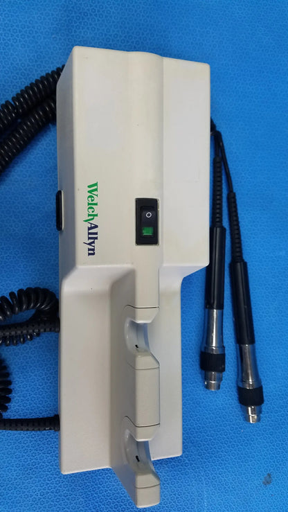 White plastic welch allyn 767 series wall-mounted diagnostic power transformer with black coiled cables no instrument heads