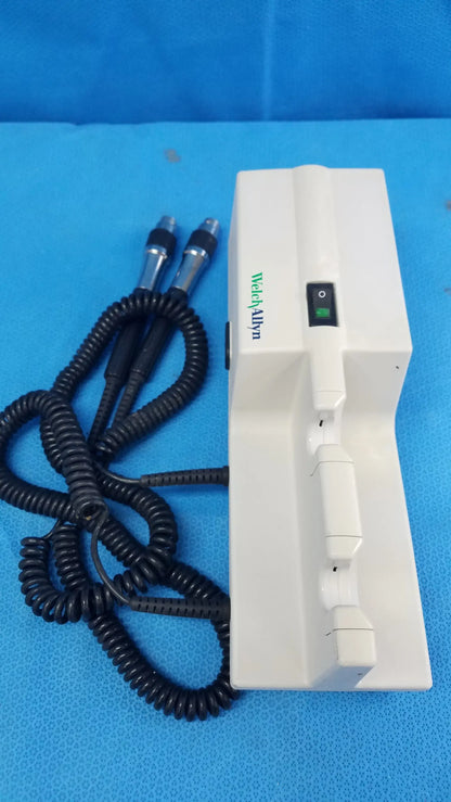 White rectangular welch allyn 767 series transformer with black cables for wall-mounted diagnostic power without instrument heads