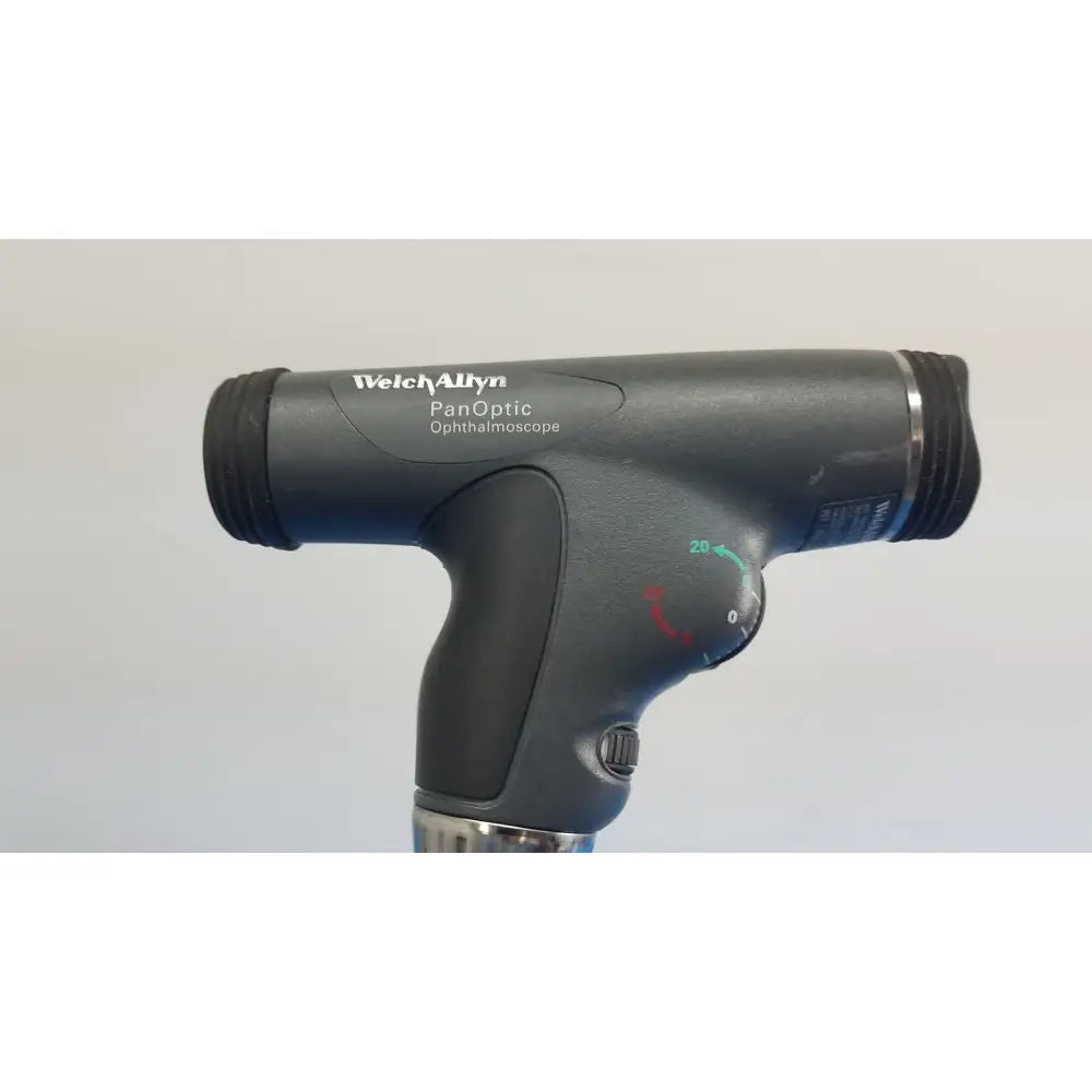 Black welch allyn panoptic ophthalmoscope with ergonomic grip and adjustable dial in series wall transformer unit