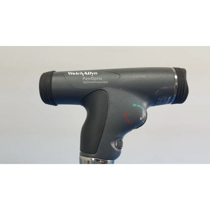 Black welch allyn panoptic ophthalmoscope with ergonomic grip and adjustable dial in series wall transformer unit