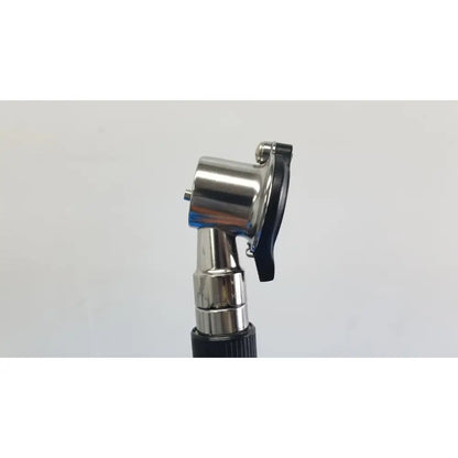 Silver metallic otoscope with black rubberized grip and adjustable headpiece in welch allyn wall transformer with coaxial ophthalmoscope