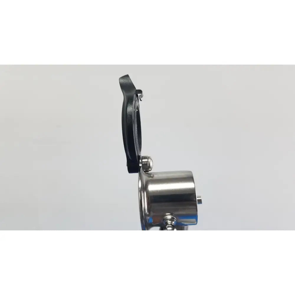 Stainless steel camera lens hood with black rubberized grip and metallic bracket for welch allyn wall transformer reuse medical use