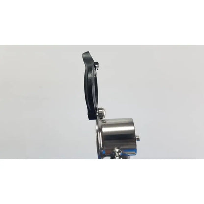 Stainless steel camera lens hood with black rubberized grip and metallic bracket for welch allyn wall transformer reuse medical use