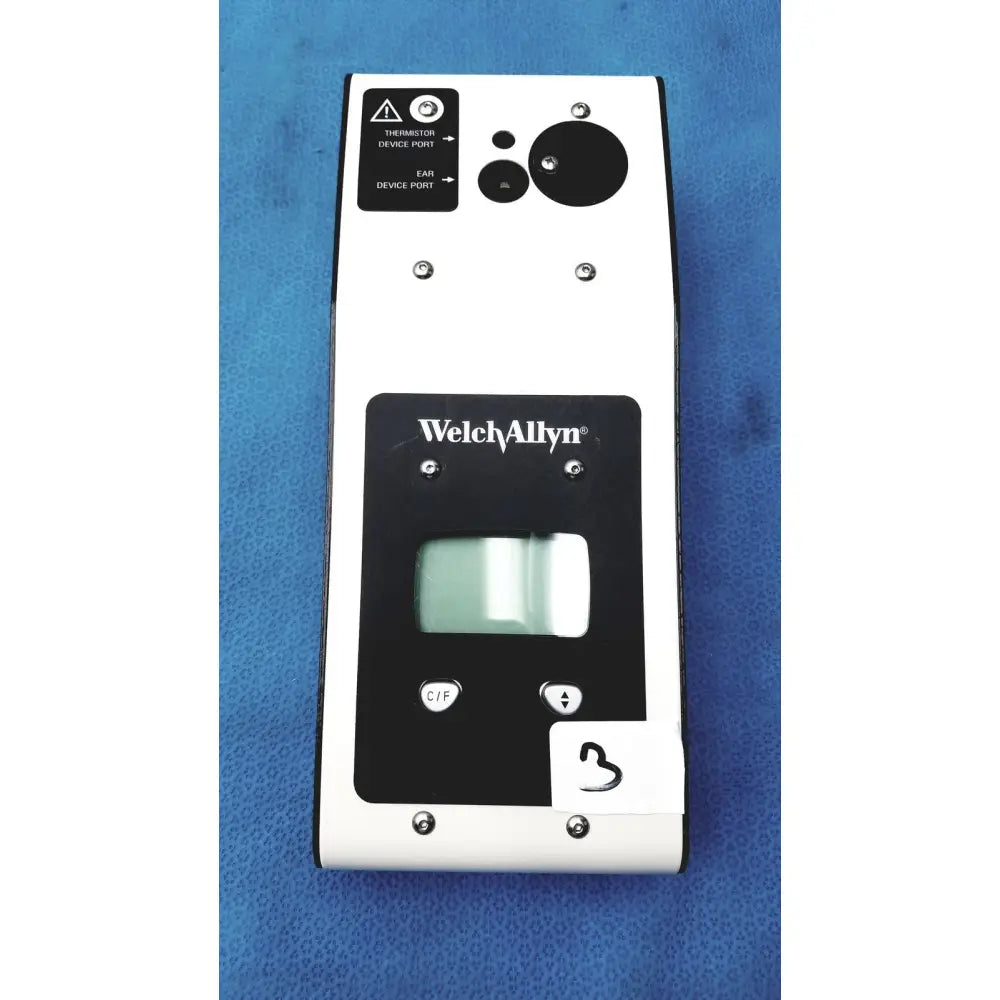 Welch Allyn 9600 Plus calibration tester in white and black with rectangular screen and labeled thermometer ports