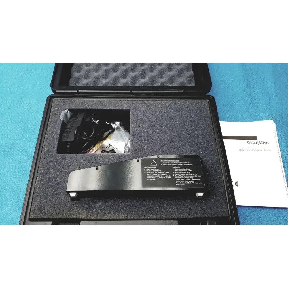 Welch Allyn 9600 plus calibration tester with adapter featuring black matte finish and integrated label for precise plus calibration