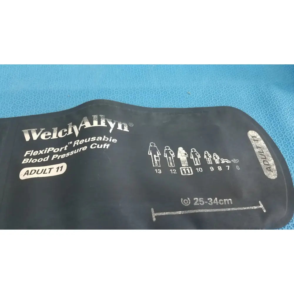 Black welch allyn adult 11 reusable blood pressure cuff made of flexible rubber with printed sizing guides for accurate measurement