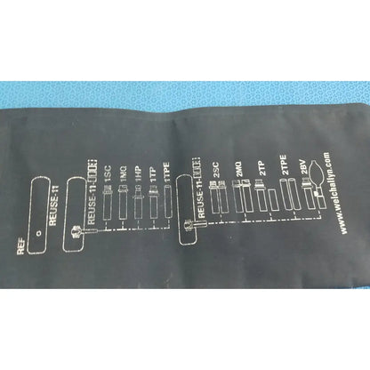 Black fabric sleeve of welch allyn adult 11 blood pressure cuff with white diagram of medical tubing connections and website address