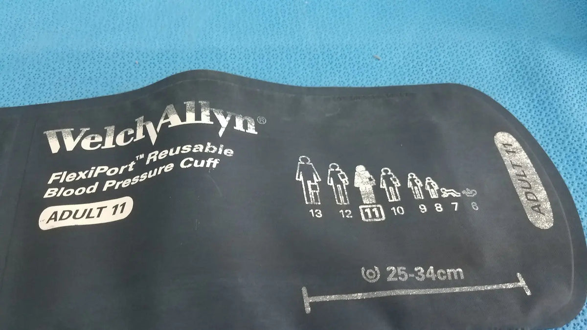 Black welch allyn adult 11 reusable blood pressure cuff made of flexible rubber with printed sizing guides for accurate measurement