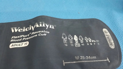 Black welch allyn adult 11 blood pressure cuff made of flexible rubber with printed sizing guide and silhouette icons