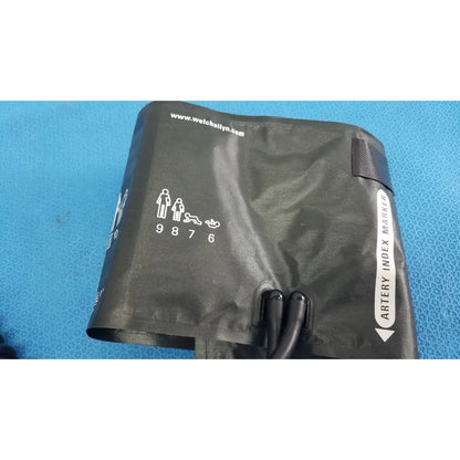 Black welch allyn adult blood pressure cuff with white sizing indicators and artery index marker for accurate measurement
