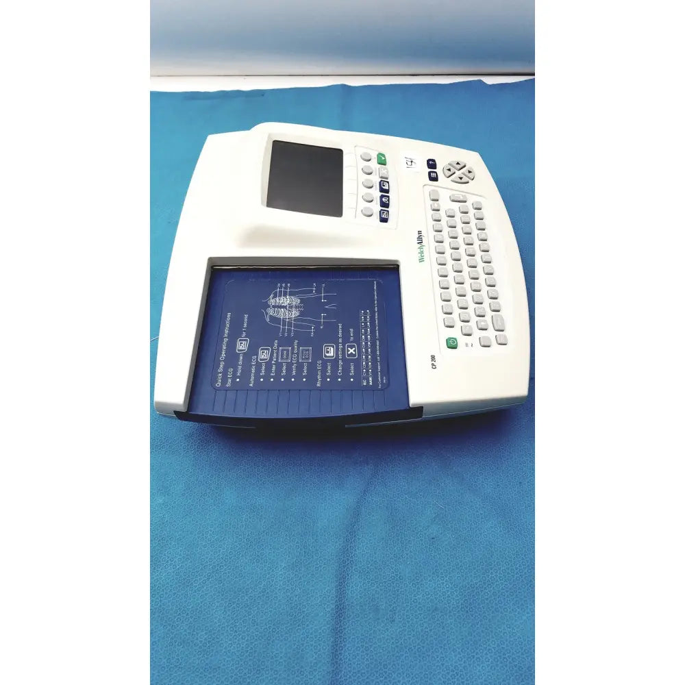 White welch allyn cp 200 ekg ecg monitor with blue display screen, labeled buttons, integrated keyboard for diagnostics