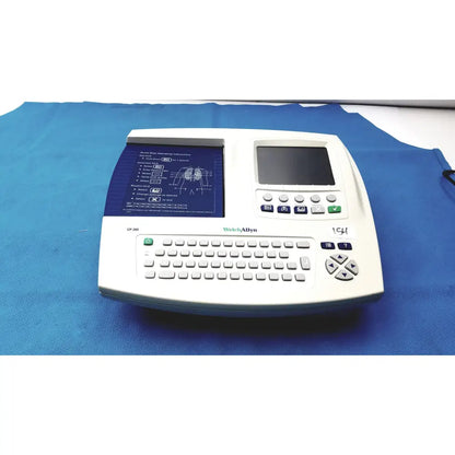 White welch allyn cp 200 ekg ecg monitor with dual screens keyboard and medical instruction display for clinical use