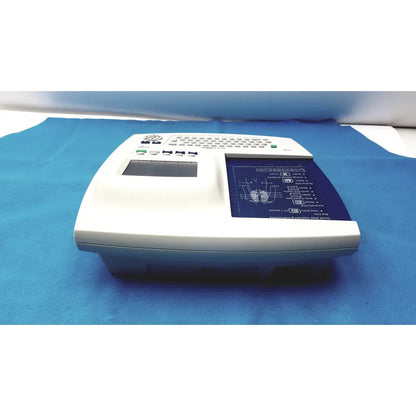 White welch allyn cp 200 ekg ecg monitor with built-in keyboard and blue display screen showing diagrams