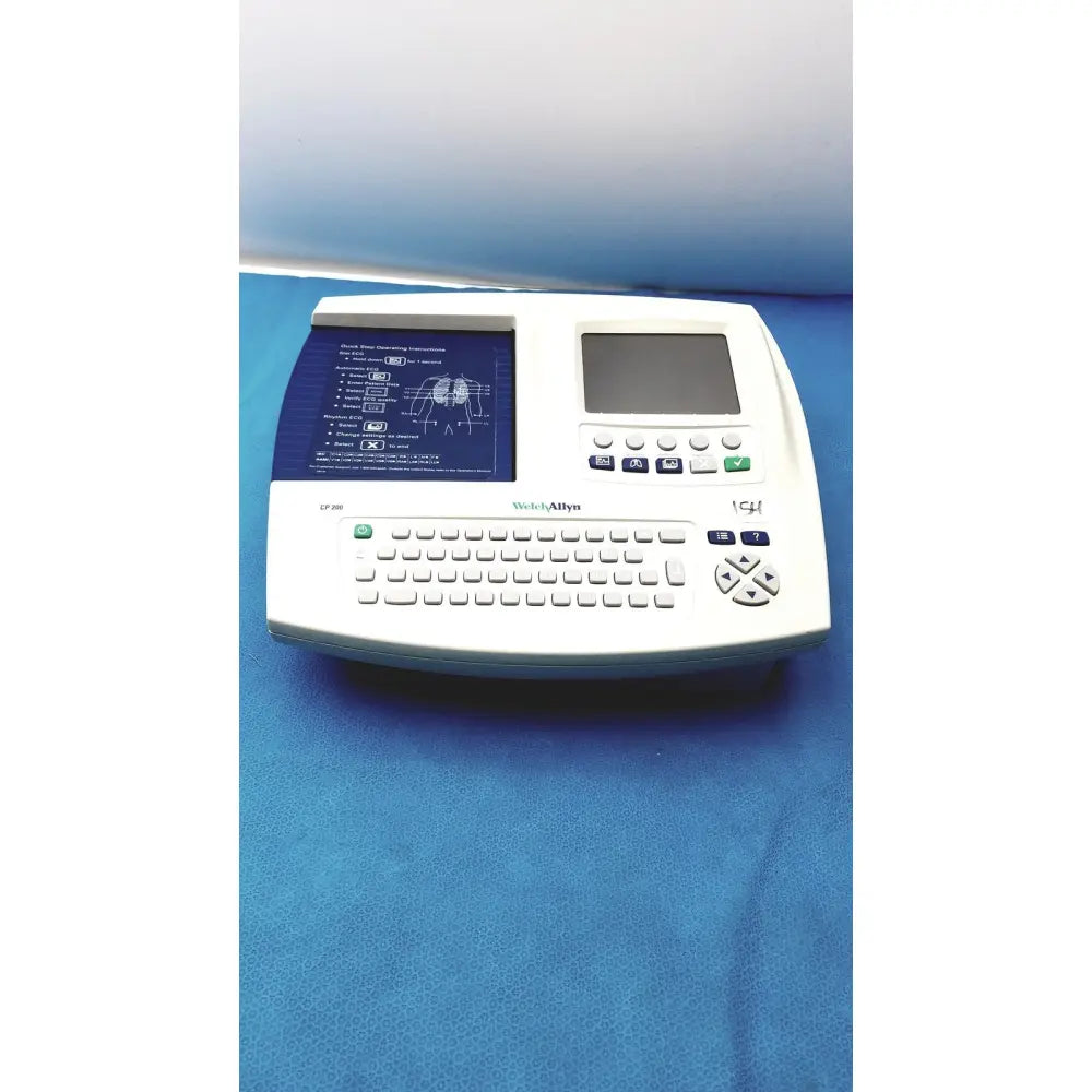 White welch allyn cp 200 ekg ecg monitor with built-in keyboard, small screen, and printed ecg display panel
