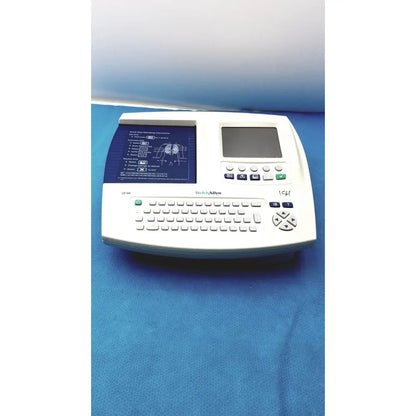 White welch allyn cp 200 ekg ecg monitor with built-in keyboard, small screen, and printed ecg display panel