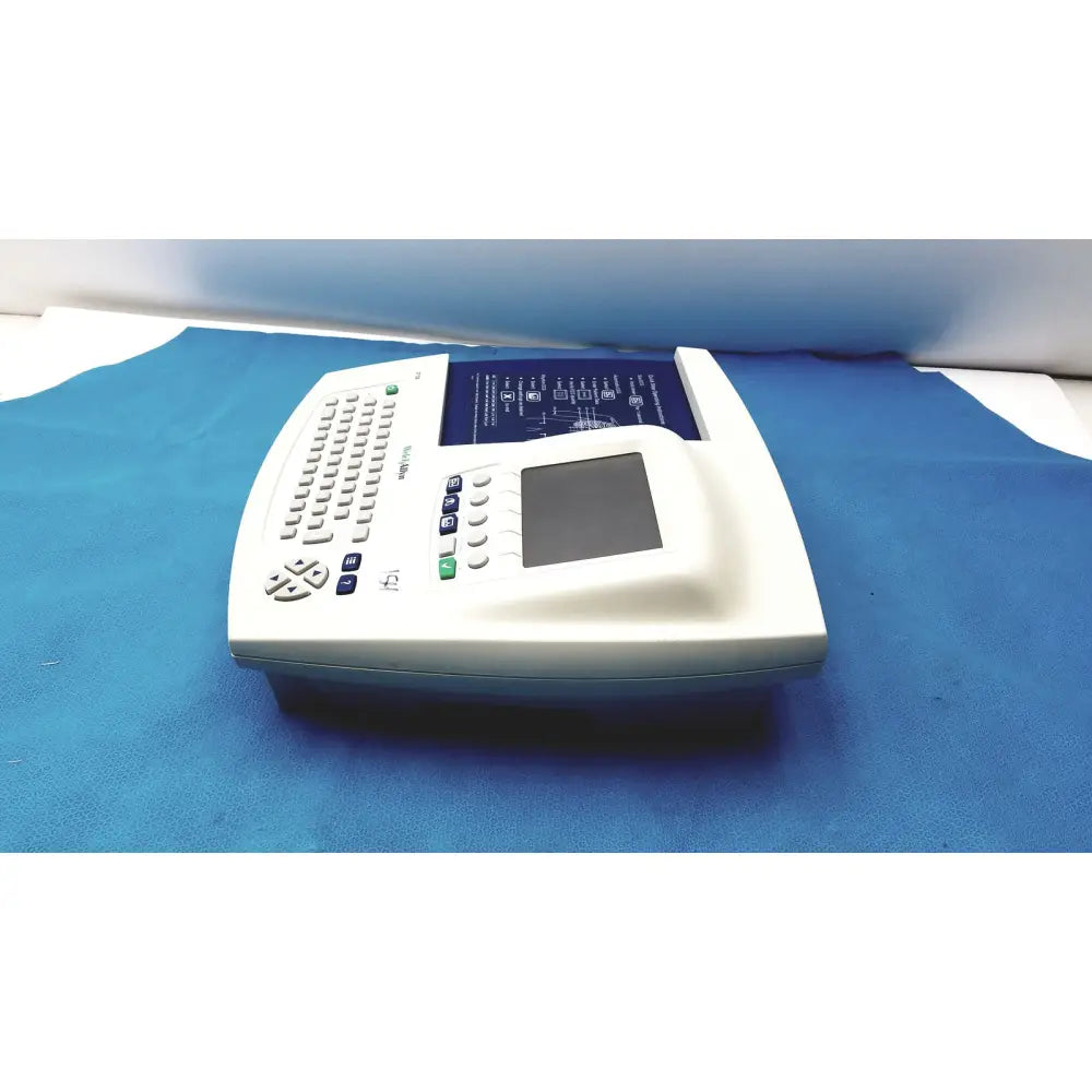 White welch allyn cp 200 ekg ecg monitor with built-in keyboard and blue touchscreen interface for patient diagnostics